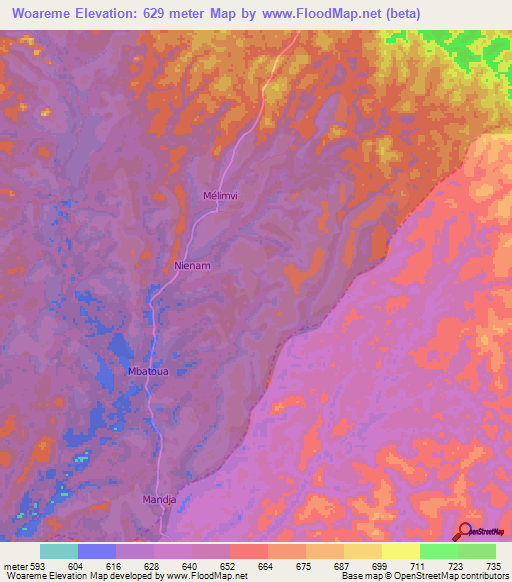 Woareme,Cameroon Elevation Map