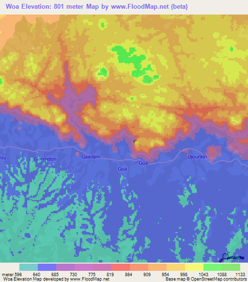 Woa,Cameroon Elevation Map