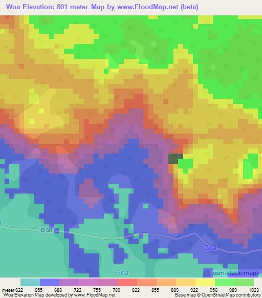 Woa,Cameroon Elevation Map