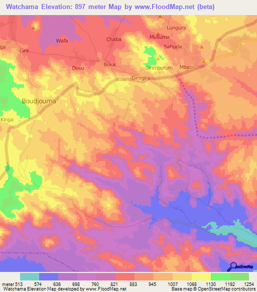 Watchama,Cameroon Elevation Map