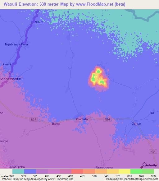 Waouli,Cameroon Elevation Map