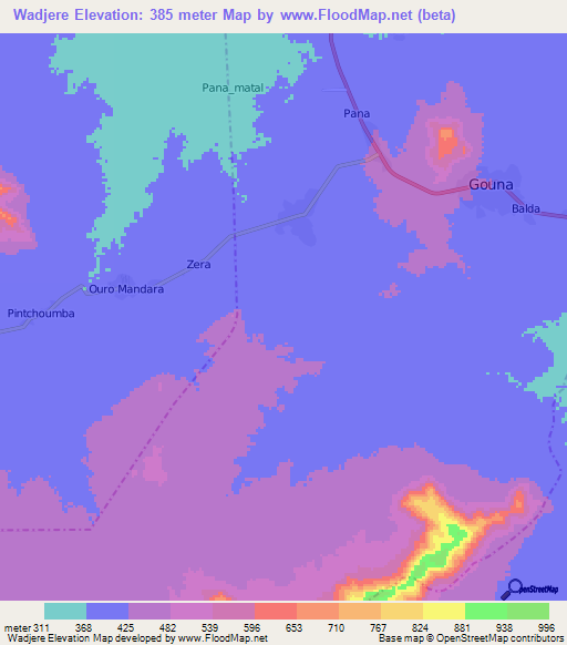 Wadjere,Cameroon Elevation Map