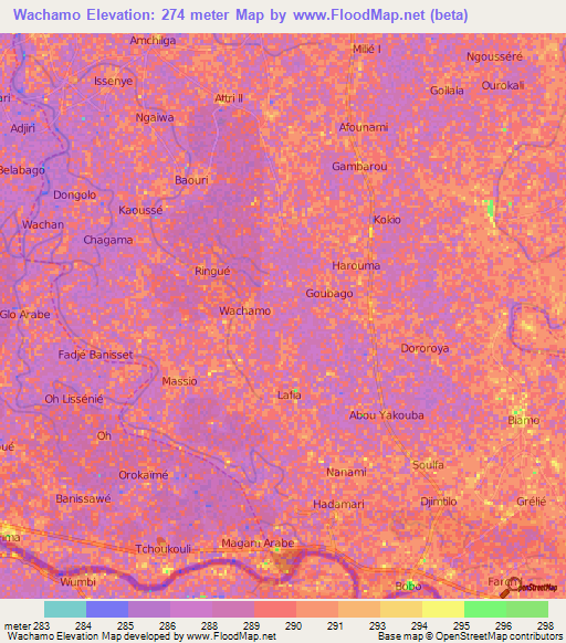 Wachamo,Cameroon Elevation Map