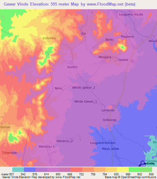 Gawar Vinde,Cameroon Elevation Map
