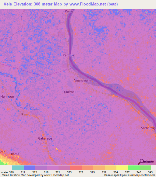 Vele,Cameroon Elevation Map