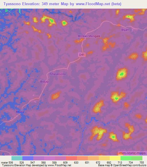 Tyassono,Cameroon Elevation Map