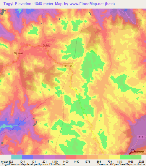 Tugyi,Cameroon Elevation Map