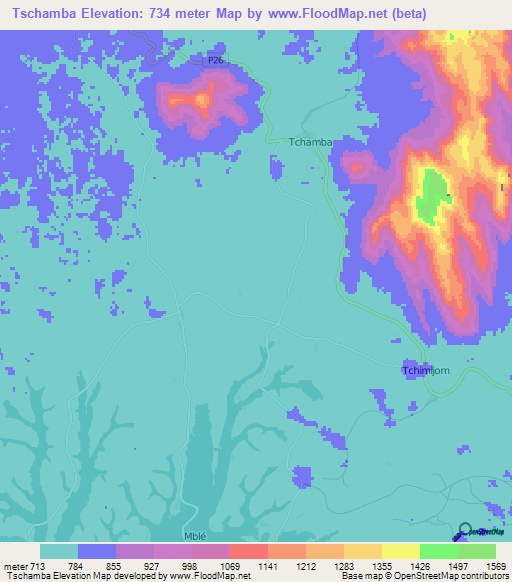 Tschamba,Cameroon Elevation Map