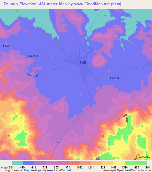 Toungo,Cameroon Elevation Map