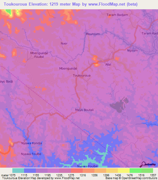 Toukouroua,Cameroon Elevation Map