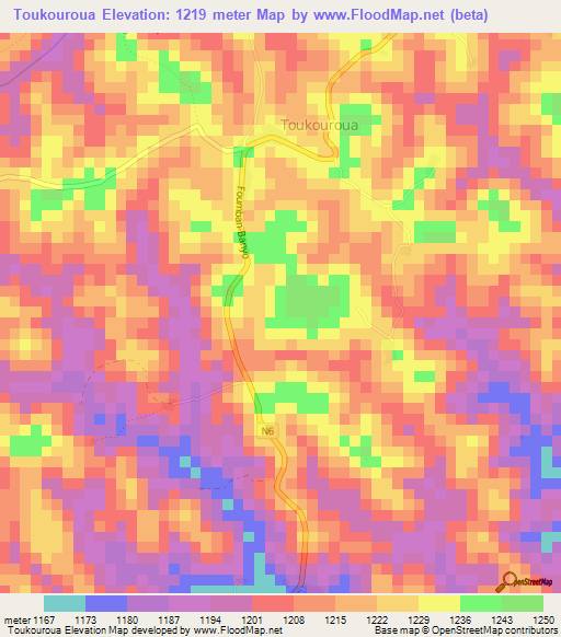 Toukouroua,Cameroon Elevation Map