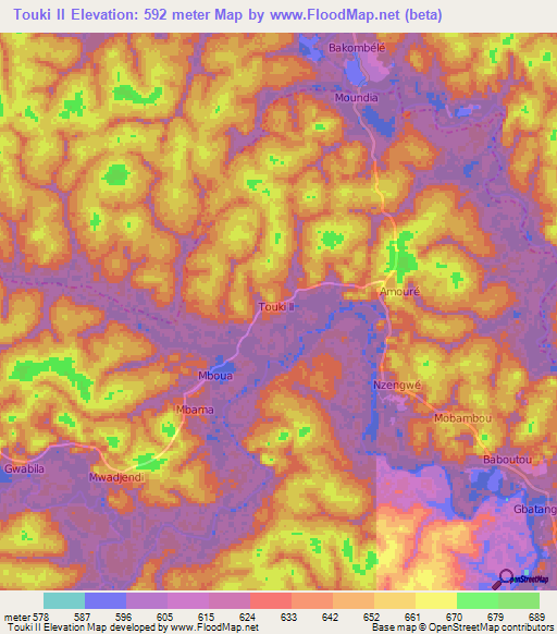 Touki II,Cameroon Elevation Map