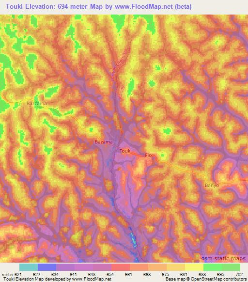 Touki,Cameroon Elevation Map