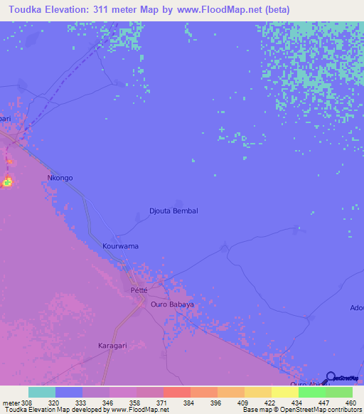 Toudka,Cameroon Elevation Map