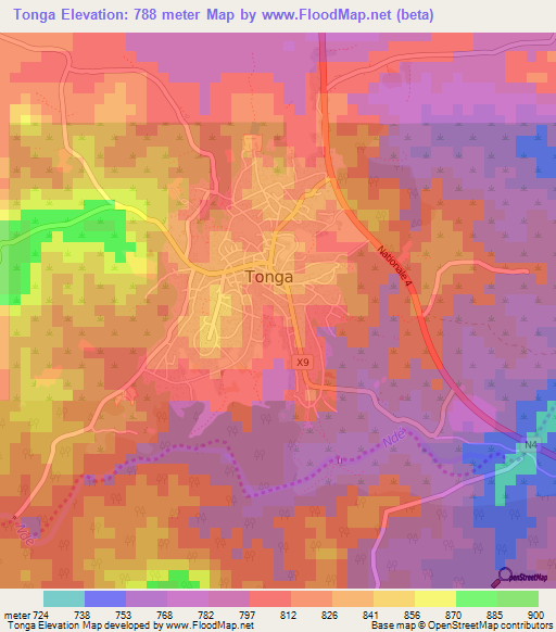 Tonga,Cameroon Elevation Map