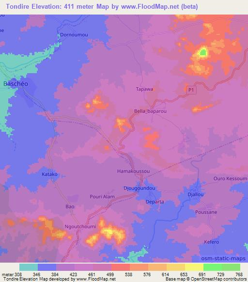Tondire,Cameroon Elevation Map