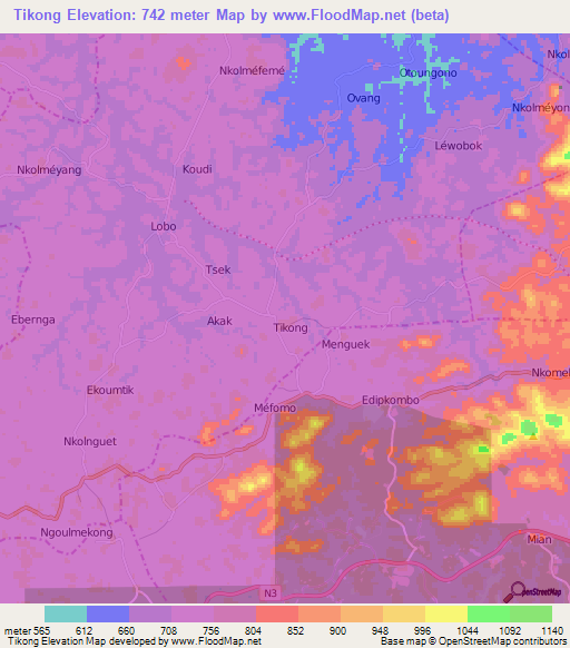 Tikong,Cameroon Elevation Map