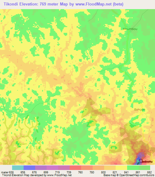 Tikondi,Cameroon Elevation Map