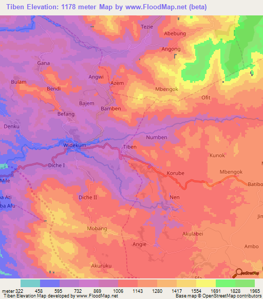 Tiben,Cameroon Elevation Map