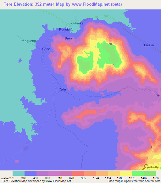 Tere,Cameroon Elevation Map