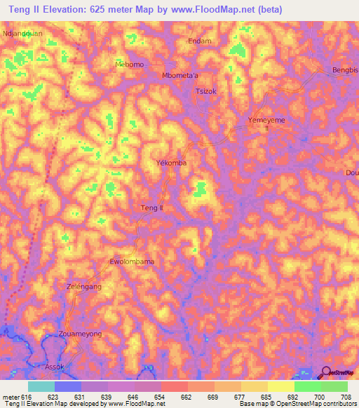 Teng II,Cameroon Elevation Map