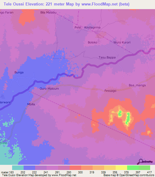 Tele Oussi,Cameroon Elevation Map