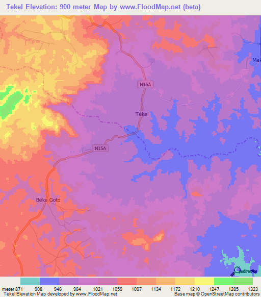 Tekel,Cameroon Elevation Map