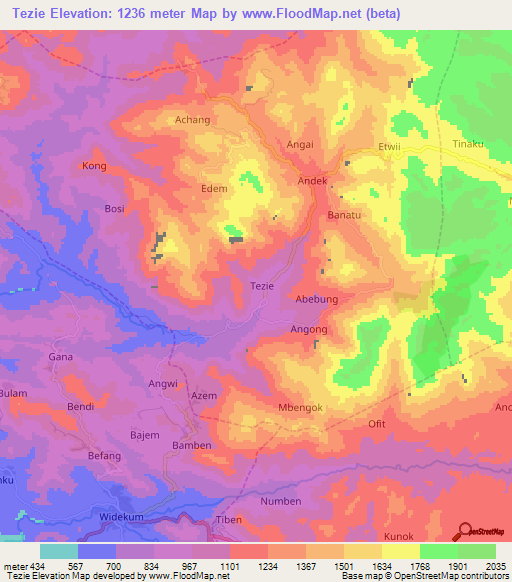 Tezie,Cameroon Elevation Map