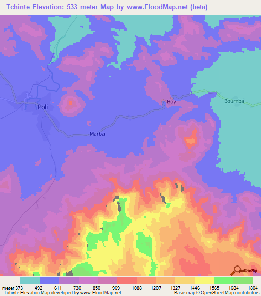 Tchinte,Cameroon Elevation Map