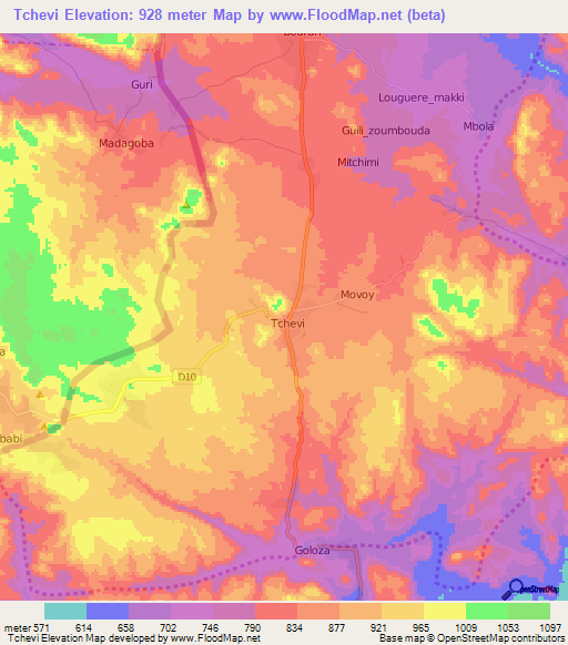 Tchevi,Cameroon Elevation Map