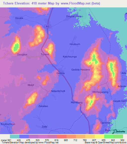 Tchere,Cameroon Elevation Map