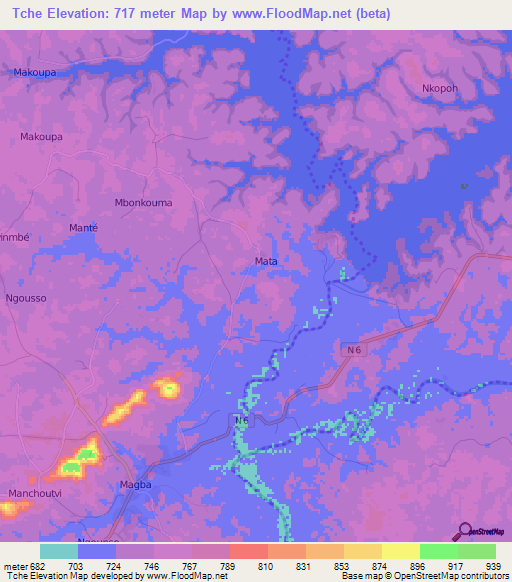 Tche,Cameroon Elevation Map