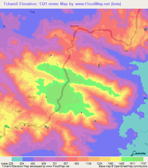 Tchamli,Cameroon Elevation Map