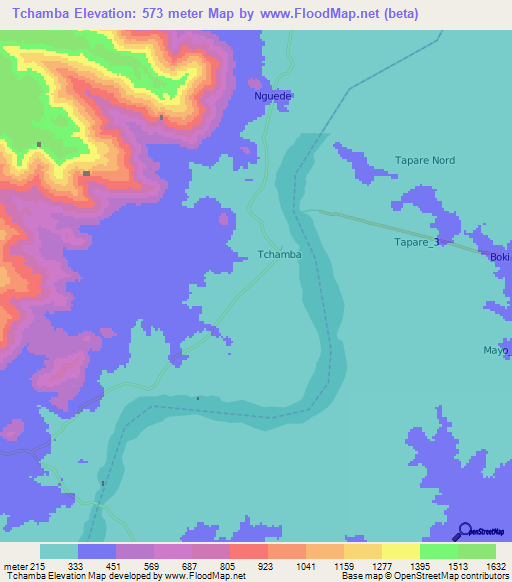 Tchamba,Cameroon Elevation Map