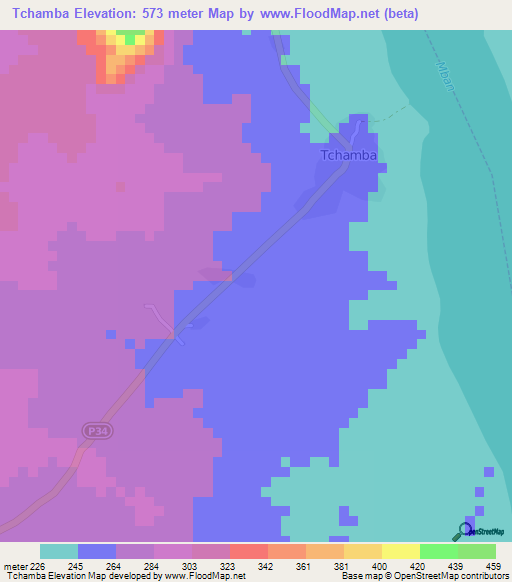 Tchamba,Cameroon Elevation Map