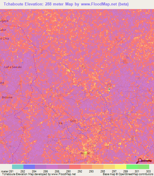 Tchaboute,Cameroon Elevation Map