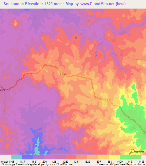 Soukounga,Cameroon Elevation Map