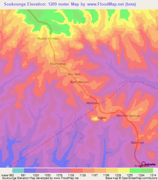 Soukounga,Cameroon Elevation Map