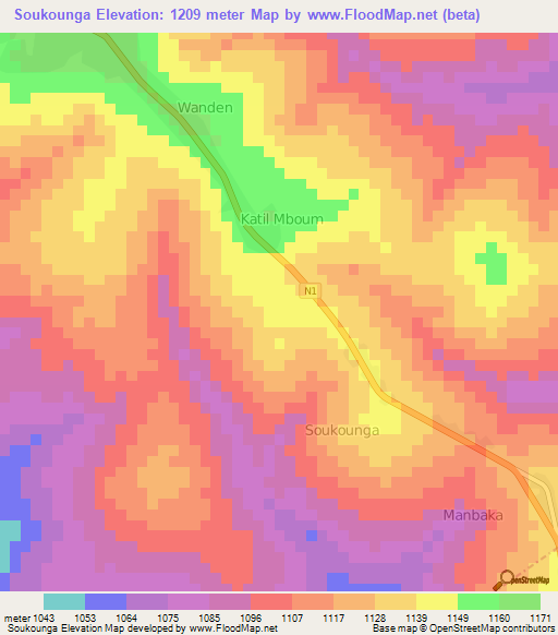 Soukounga,Cameroon Elevation Map