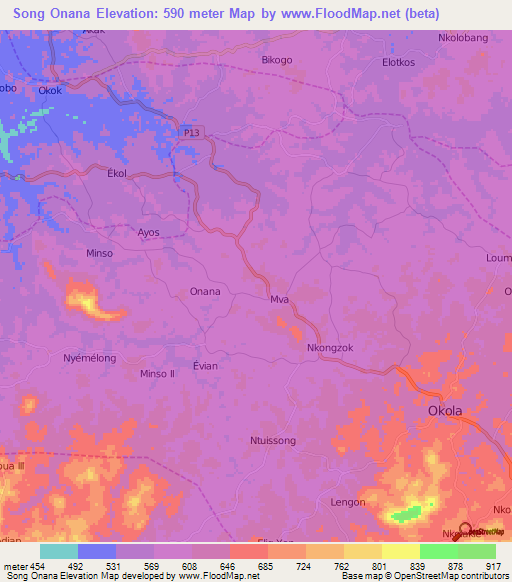 Song Onana,Cameroon Elevation Map