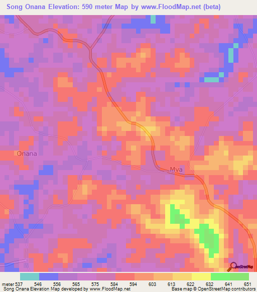 Song Onana,Cameroon Elevation Map