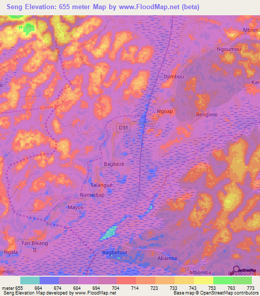 Seng,Cameroon Elevation Map