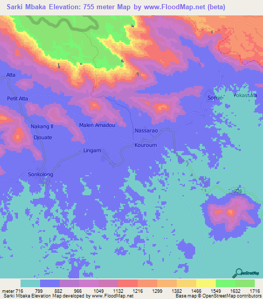 Sarki Mbaka,Cameroon Elevation Map