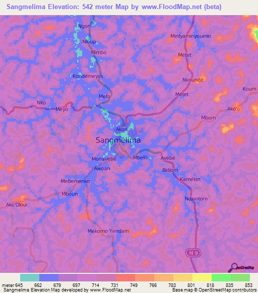 Sangmelima,Cameroon Elevation Map