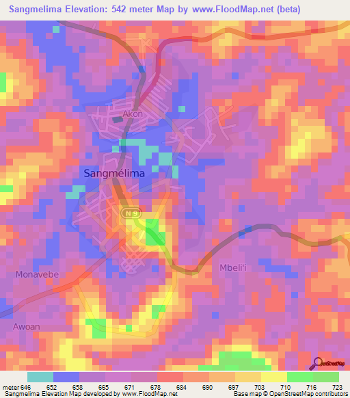 Sangmelima,Cameroon Elevation Map