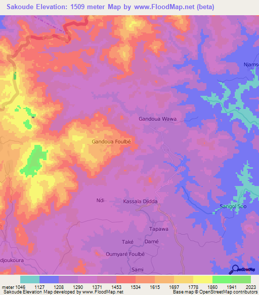 Sakoude,Cameroon Elevation Map