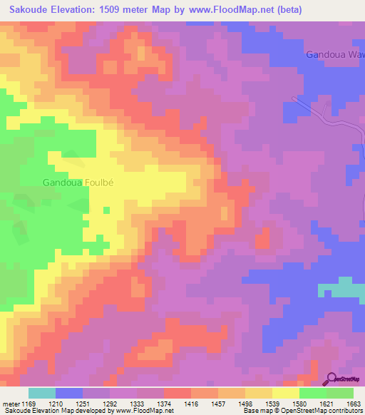 Sakoude,Cameroon Elevation Map