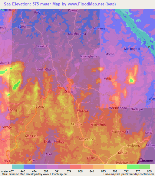 Saa,Cameroon Elevation Map