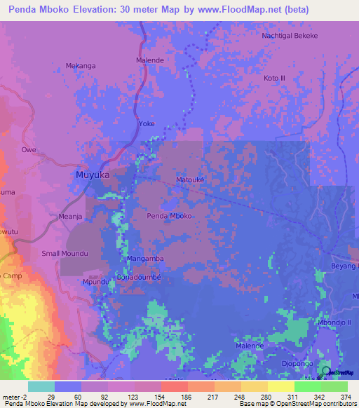 Penda Mboko,Cameroon Elevation Map