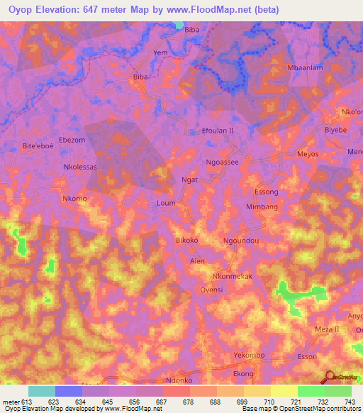 Oyop,Cameroon Elevation Map